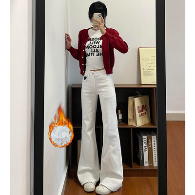 白色加绒加厚不贴腿微喇叭牛仔裤