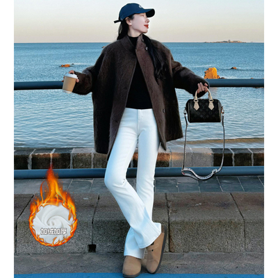 白色加绒高腰微喇叭牛仔裤新款冬