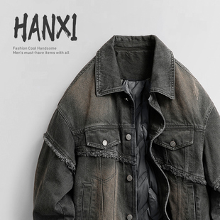 潮牌复古流苏毛边设计感保暖牛仔羽绒服男冬季个性工装白鸭绒外套