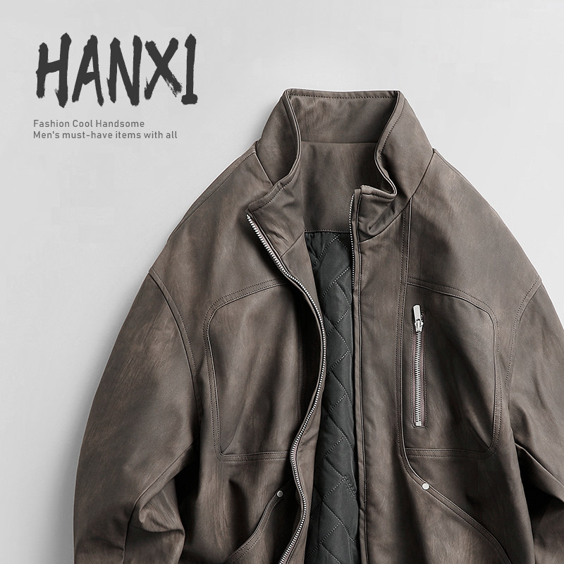 2025秋冬季扎染水洗渐变立领棉衣外套美式休闲复古PU皮保暖夹克男