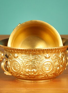 黄铜如意聚宝盆摆件 铜盆摆件办公室家居工艺品礼品
