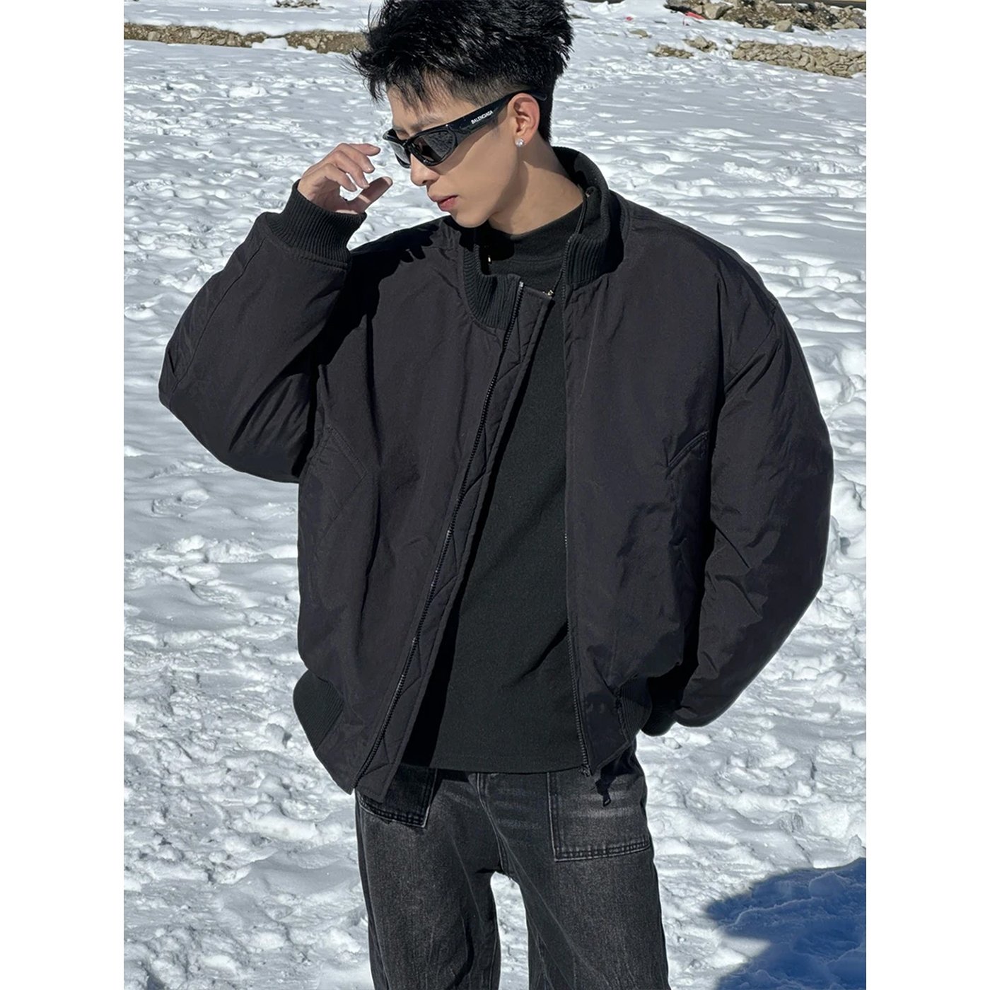 黑色廓形飞行夹克羽绒服男款秋冬夹棉工装外套短款bomber保暖棉衣