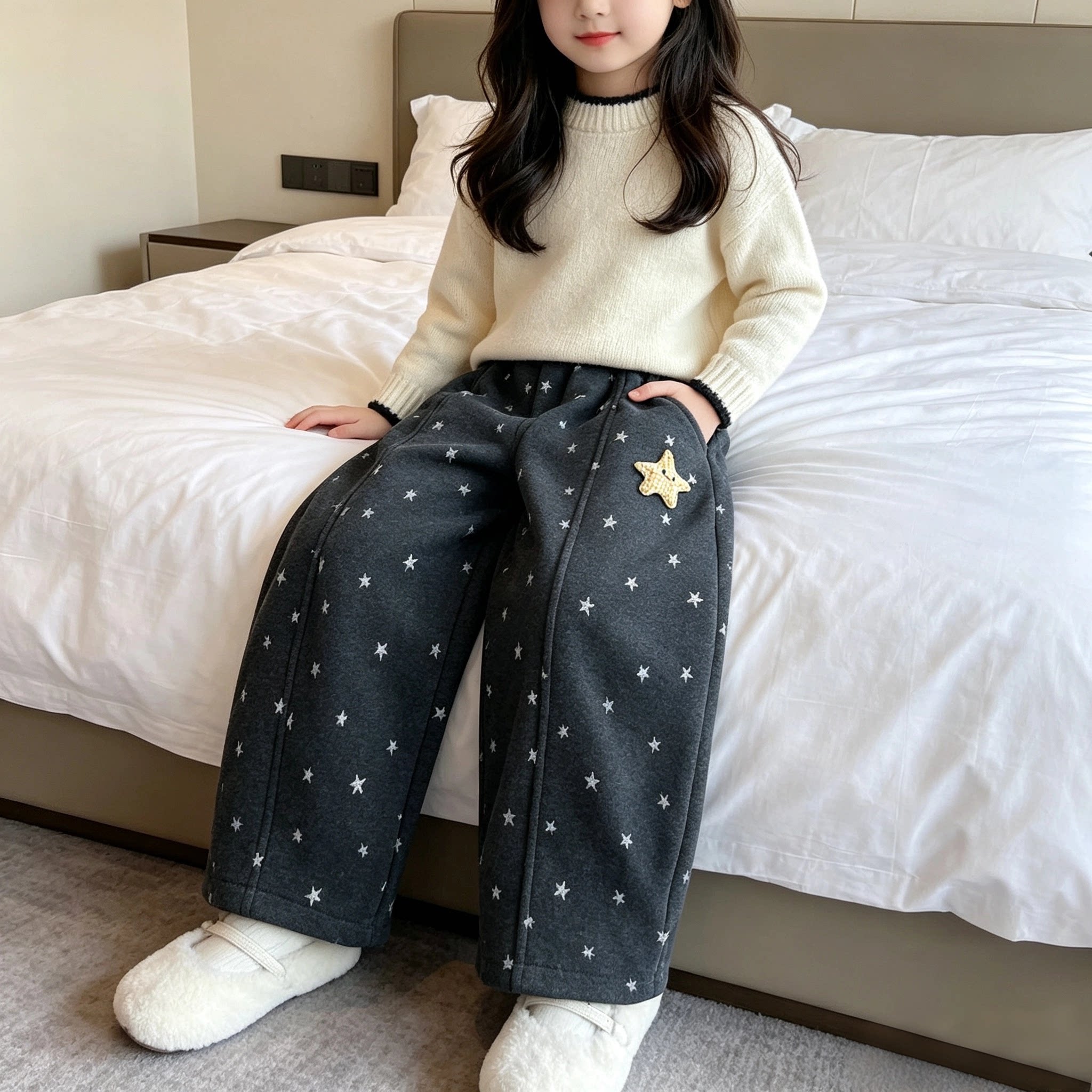 女童加绒卫裤秋冬季2026新款小童宝宝星星弯刀裤冬装儿加厚阔腿裤