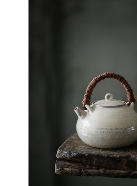陶壶煮水壶藤编提梁壶粉引釉开片可养煮茶壶纯手工650ml