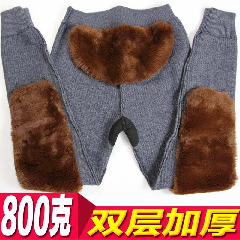 冬季羊毛裤男士双层加厚针织高腰大码保暖裤毛线中年高弹护膝护腰