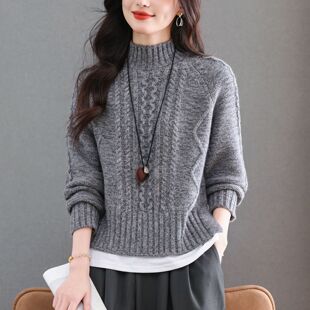 半高领花纱针织毛衣女2025年秋冬宽松显瘦长袖减龄套头麻花打底衫