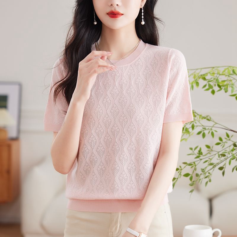 洋气冰丝短袖女t恤时尚新款夏季薄款天丝针织衫短款圆领打底上衣