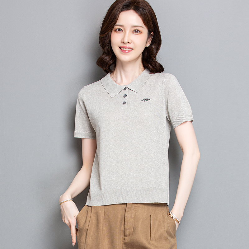 灰色冰丝针织短袖T恤女夏季2025新款欧货修身显瘦短款polo衫上衣