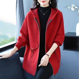 韩版宽松妈妈装中长款双面尼直筒拉链连帽洋气纯色大衣开衫外套潮