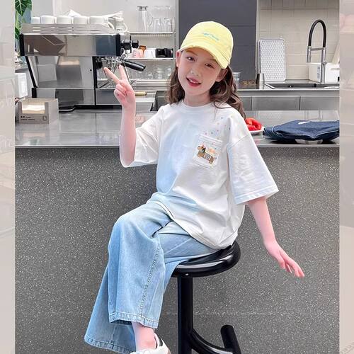 2026落肩大童装甜美洋气夏装白韩版上衣大童女童t恤百搭短袖2026
