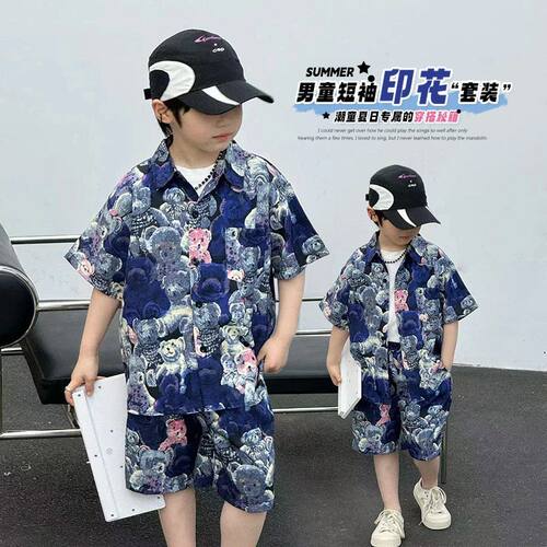 （涤纶）男童夏装套装洋气新款儿童短袖宝宝花衬衣沙滩两件套