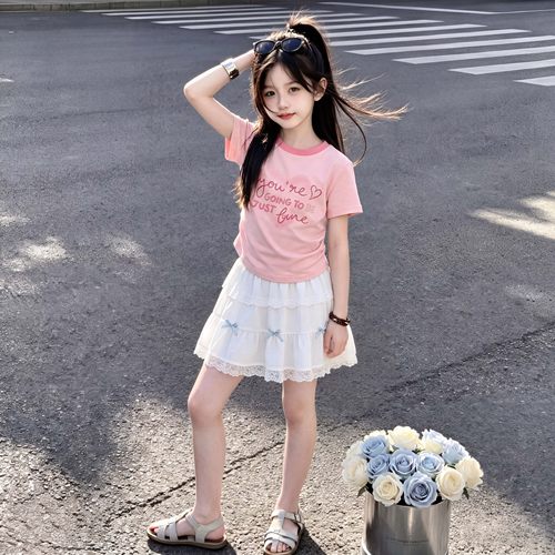 韩版时尚甜美小清新蝴蝶结半身裙女童夏季洋气字母短袖T恤两件套