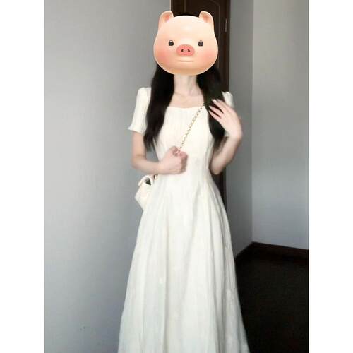 2026女绝美夏季漂亮独特领好看感收腰中长裙方高级法式连衣裙口超