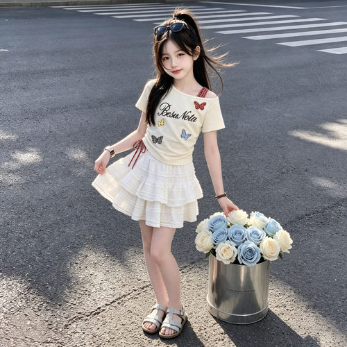 时尚设计感斜肩短袖T恤夏季薄款中大童甜美公主风蛋糕短裙两件套