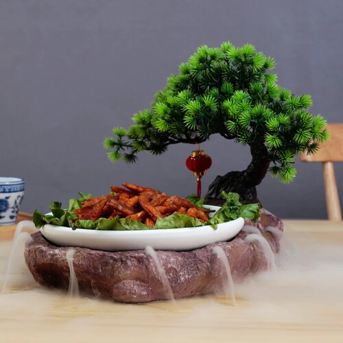 干冰餐具创意摆台田园风意境迎客松树圆形汤盘个性高档酒店海鲜盘
