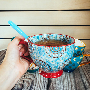 可微波炉欧美创意手绘陶瓷大容量燕麦片杯早餐杯碗杯带盖勺大杯碗