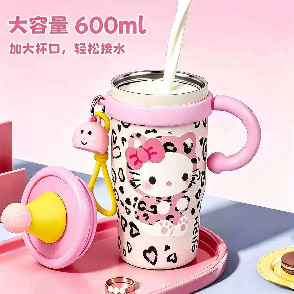 少女心保温杯带挂绳大容量ins风卡通水杯可爱高颜值小猫款吸管杯