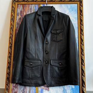 雅痞复古真皮猎装西服厚软山羊缩纹皮西装春秋男士休闲多口袋皮衣