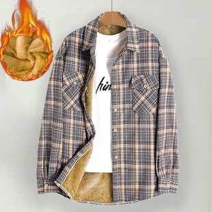 衬衣外套 宽松休闲显瘦百搭翻领长袖 加绒加厚秋冬外贸新款 格子衬衫