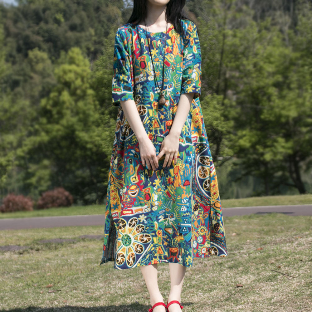 批秋新款棉麻连衣裙民族风套头五分袖宽松大码女装下摆开衩女