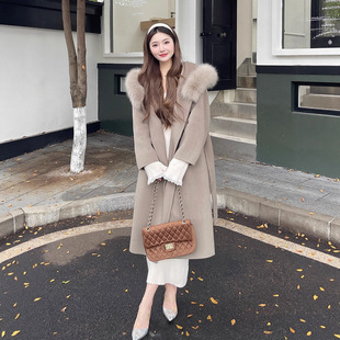 羊毛白色狐狸毛领连帽双面呢外套女系带羊绒大衣法式慵懒秋冬新款