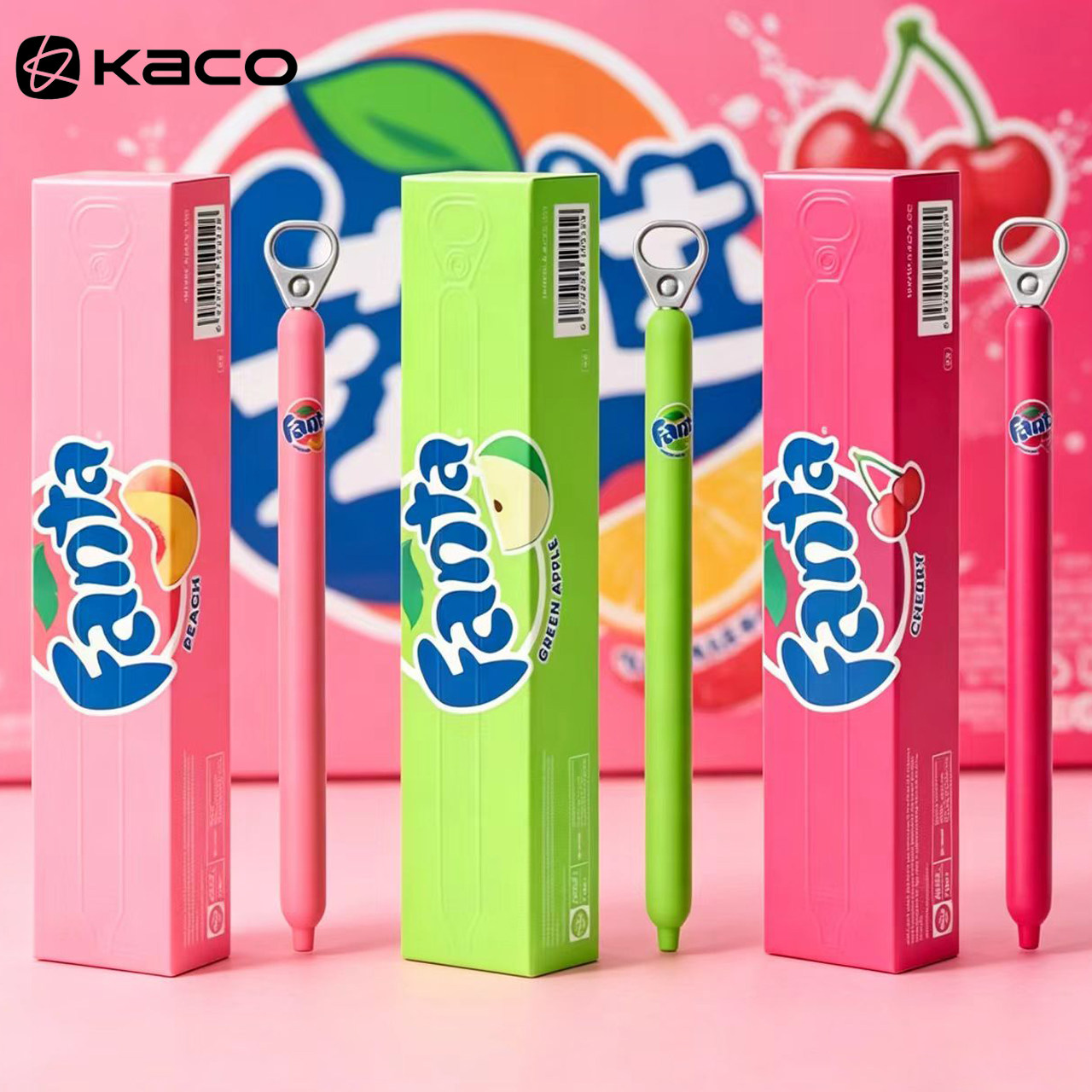 KACO芬达联名新款灵悦POPUP侧按式拉环中性笔0.5按动式桃子青苹果樱桃图案学生刷题黑色水笔办公高颜值签字笔