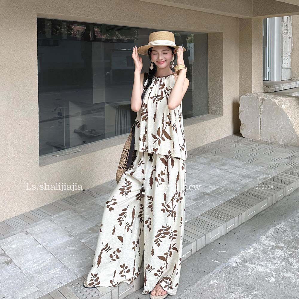 优雅印花女小衫休闲裤子套装广州十三行2026夏季新款时尚百搭减龄