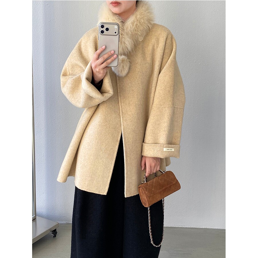 2026 冬日白月光 斗篷狐狸毛领100羊毛双面呢大衣女冬中长款