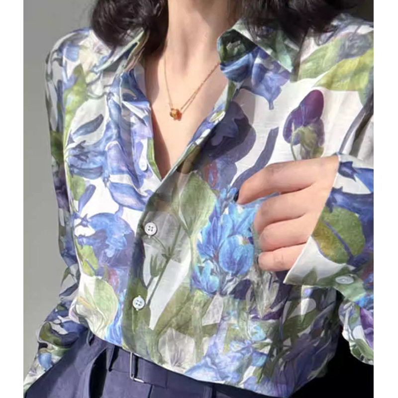 田园风翻领水彩印花衬衫女2026早春新款法式气质优雅时尚纯棉上衣