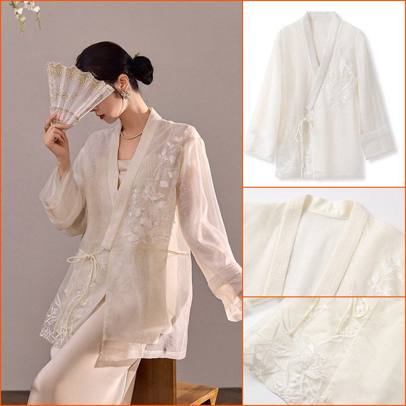 新中式国风花鸟刺绣串珠衬衫春秋新款真丝绑带V领薄款外套2026