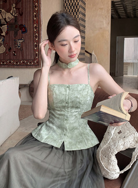 夏新款纯欲气质方领中式印花无袖打底吊带背心女上衣2026时尚晚装