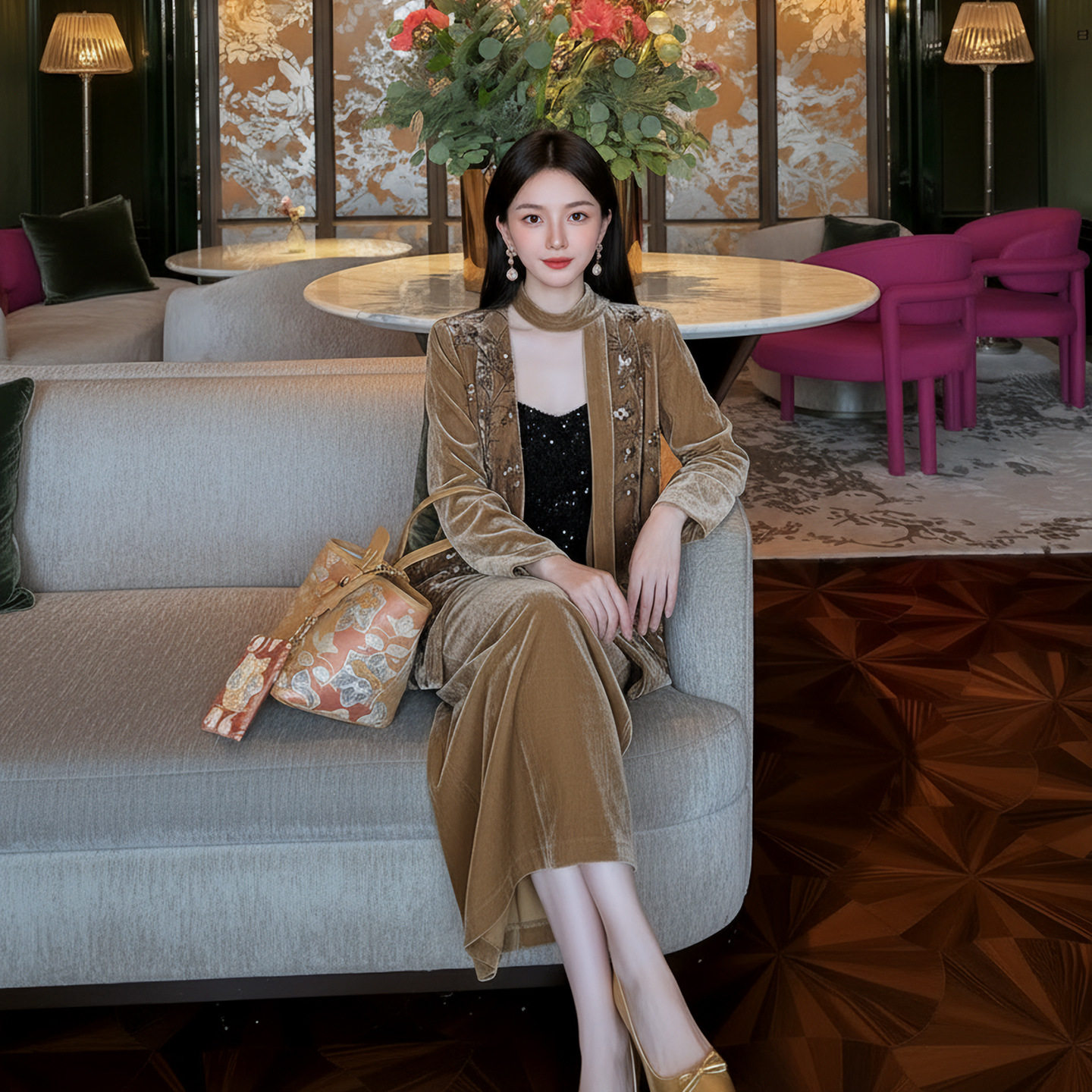 2026新款国风重工刺绣新中式桑蚕丝外套+丝绒半裙套装女时尚气质