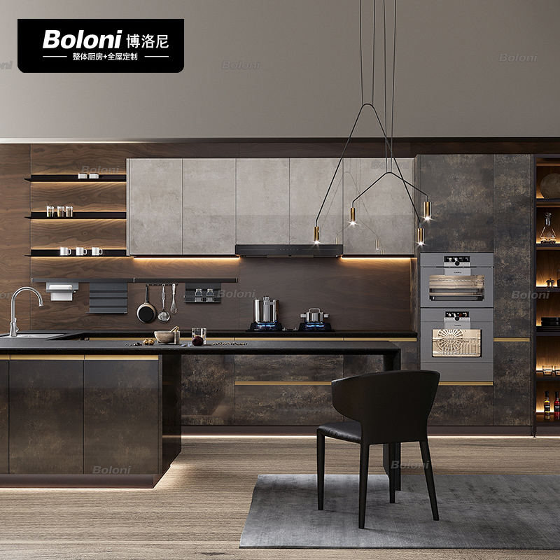 博洛尼现代简约厨房开放整体橱柜石英石台面铝框玻璃柜门定制订金