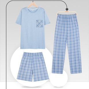 纯棉睡衣男士夏季短袖长裤短裤三件套全棉夏天薄款休闲家居服套装