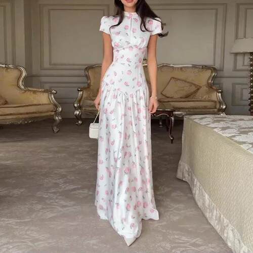 2026新款夏装女装 跨境欧美连衣裙子 时尚优雅宽松植物印花长裙