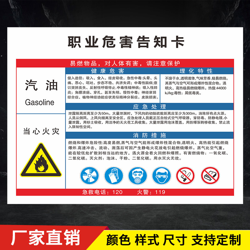 汽油职业病危害告知牌卡周知卡职业危害危险品标志牌定制