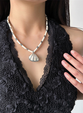 法式珍珠贝壳吊坠锁骨链女轻奢