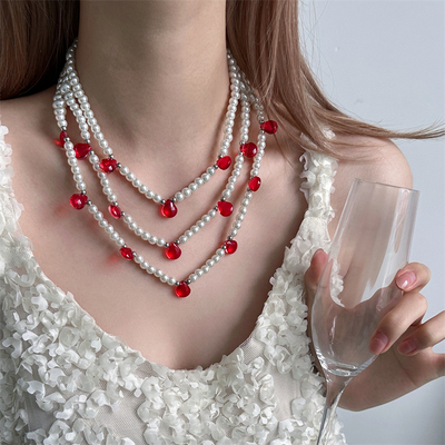 奢华高级感红水滴珍珠多层项链