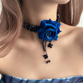 暗黑Lolita重工辣妹风蓝色玫瑰花串珠choker颈链女小众奢华脖颈链
