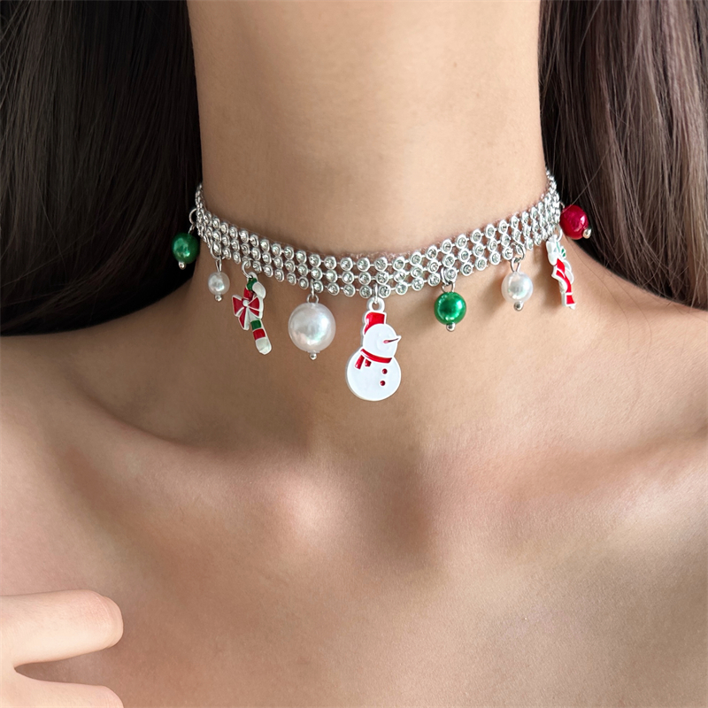 圣诞节白色雪人珍珠锆石choker项链女冬季氛围感个性辣妹风穿搭潮