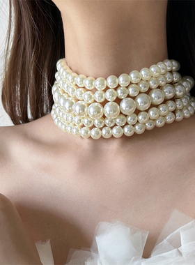 法式精致轻奢米色多层珍珠项链