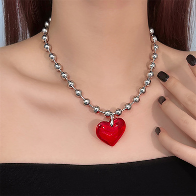 甜酷辣妹风红色爱心项链女锁骨链