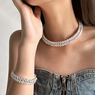 超闪韩系ins风双排满锆choker弹力项圈手链耳钉套装女新娘穿搭