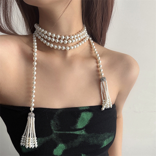 项链女小众气质简约时尚 重工宫廷风珍珠穗流苏长款 设计感锁骨链