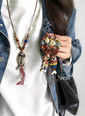 复古民族风圆珠鱼形吊坠项链