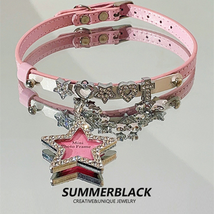 多巴胺粉色星星爱心皮革项圈女脖子配饰项链chocker颈链甜酷辣妹