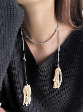日韩长款ins风米黄色麦穗项链