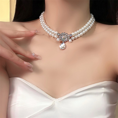 双层仿珍珠锆石项链锁骨链