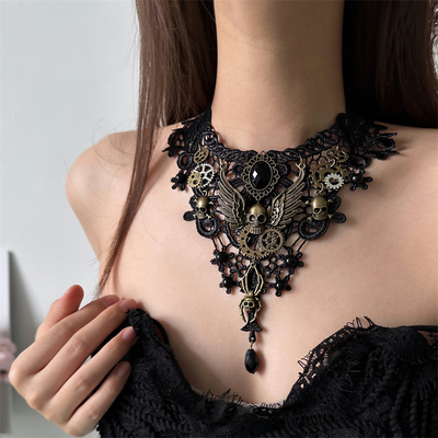 暗黑机械朋克风蕾丝骷髅头颈链