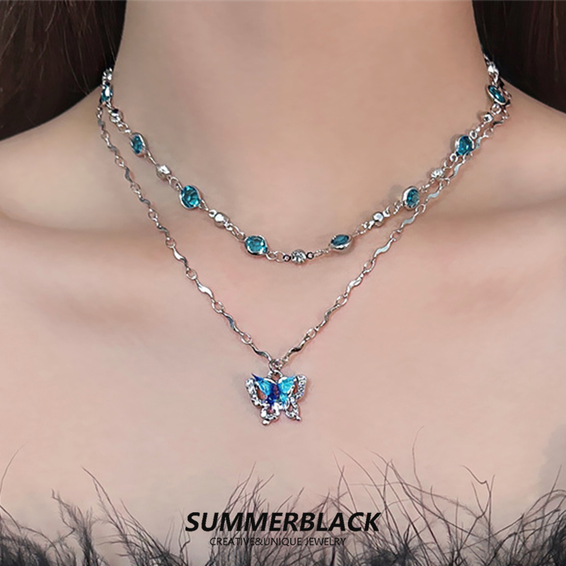 蓝色锆石蝴蝶双层项链